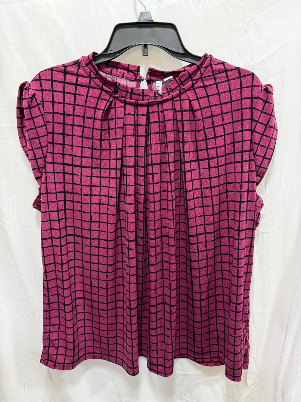 Elle Fuchsia Grid Pleated Cap-Sleeve Blouse